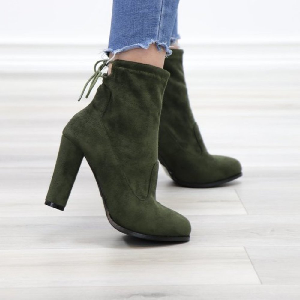 Round Toe Olive Suede Ankle Heeled Boots, Booties - Picture 8 of 11